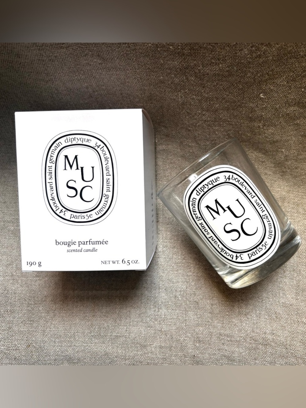 Diptyque empty classic 6.5oz luxury French candle jar. Musc.